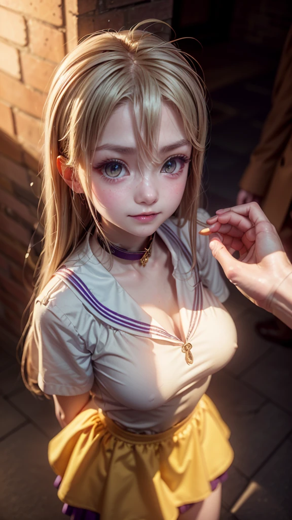 16k, highres, masterpiece, best quality, realistic, cinematic photo a very short girl, solo, (looking at viewer:1.2), high definition, 8K, detailed face, , showing her breast,  (1girl, Hair Color/Style: long white hair with purple tint, straight, flowing strands, soft bangs framing the face, loose strands for a natural look
Eye Color: (golden yellow eyes:1.3) — regard lumineux et captivant, SHORTS hairclip, medium breasts,,smile)), ((Outfit: purple and white school uniform, sailor-style collar, yellow ribbon tied in a bow, layered skirt
Accessories: minimal, no visible jewelry or elaborate accessories
Pose: standing pose, slight tilt of the head, relaxed yet thoughtful demeanor
Expression: calm and introspective expression, slight melancholic undertone
Setting: urban evening scene, dimly lit brick wall in the background, subtle window light
Lighting and Atmosphere: soft evening glow, warm lighting from above, gentle shadows enhancing the character’s features))), luminous forest,((large breasts)), slim and thin, body of equal proportions, ((focus on her breast)), front view, four fingers and 1 thumb, ((2 hands)), Blonde hair, Beautiful smile, Smiling at viewer, blushing cheeks, (brown eyes:1.2),

