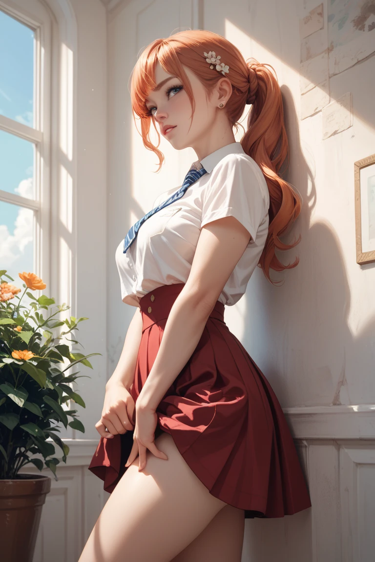 Girl with long red hair showing panties under skirt