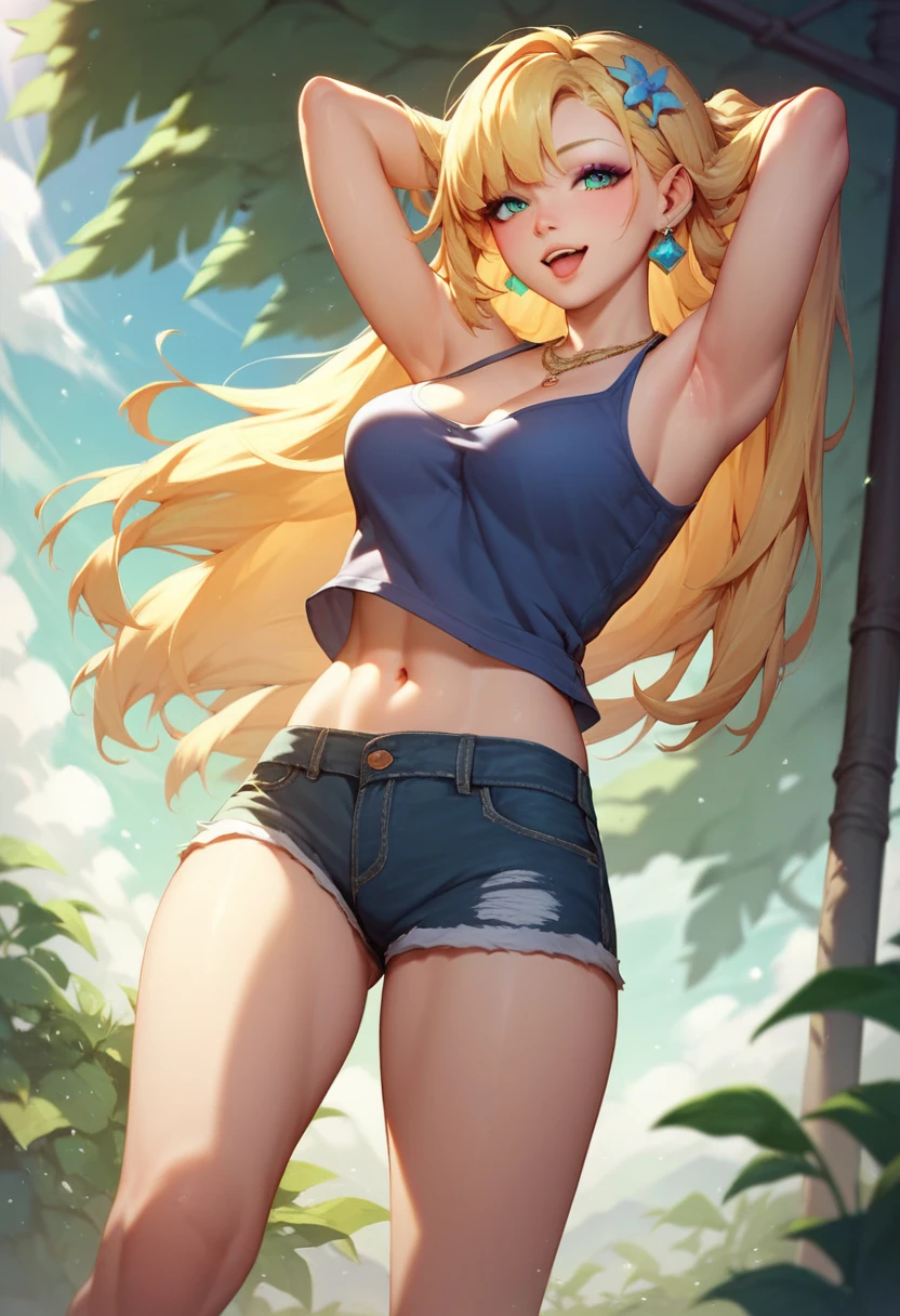 Pakun Serena, 1 girl, alone, blue eyes, blonde hair, long hair, low-tied long hair, have, pink hat,, black stockings,
smile,closed mouth,cowboy shot,sitting,
forest,outdoor,
(Extremely detailed, beautiful and detailed face, masterpiece, highest quality) cinematic lighting,、big breasts、Tight black sports bra、black thong、show both armpits