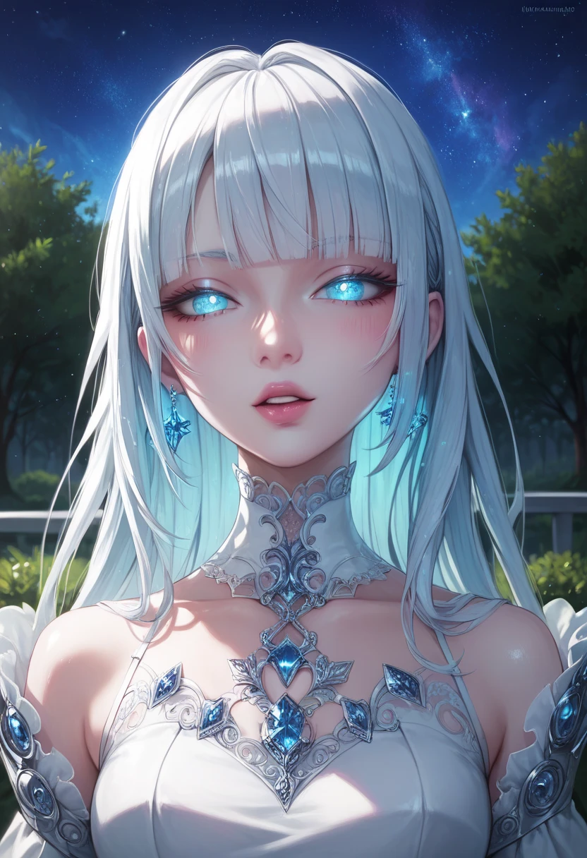 rating_explicit, masterpiece, absurdres, (high quality), detailed skin, detailed character design, ultra-high resolution, perfectly composed, clear, breathtaking attention to detail, highres, ultra detail, solo, 4k, 
BREAK
 (score_9, score_8_up, score_7_up), (Masterpiece), (expressive eyes), 1girl, Nukumizu Kaju, 20yo, white dress, curby body,
Automaton, colored skin, ruddy_skin, white midium hair, blue eyes, glowing eyes, looking at viewer, standing, front view, outdoors,
starry sky,bust shots,
BREAK
score_9, score_8_up, score_7_up, score_6_up, score_5_up,