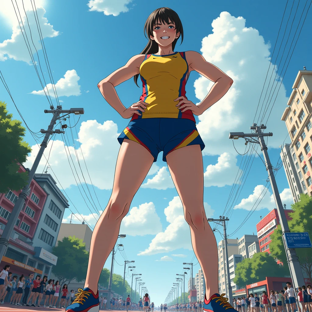  Giant Girl's Low Perspective .  The girl looks down mockingly at the cityscape、 The Girl Is Looking Down at Buildings ,  smirking 、 bright 、live-action、 Japanese、、A large number of people々、少女から逃げるA large number of people々、Giantess、 track and field uniform