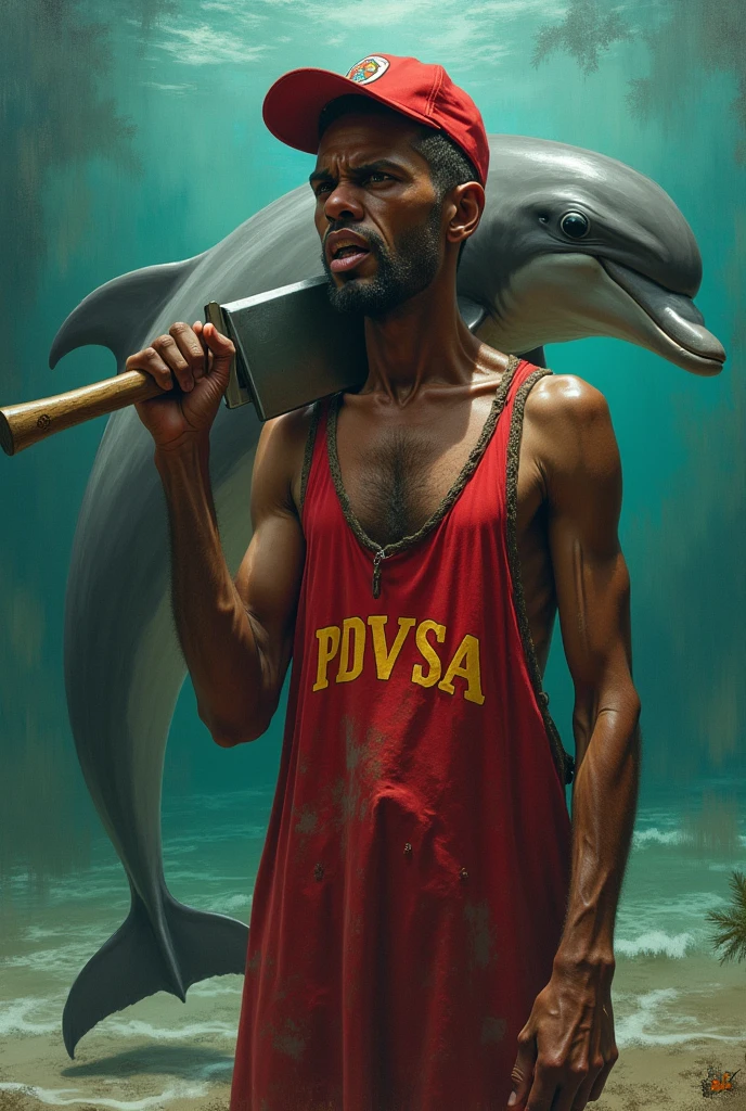 a fish, muscular, puffed-out chest, black suit, next to a saci, muscular, puffed-out chest, wearing a red cap, smoking a pipe, inside a soccer stadium, everyone is sad seeing a coffin with a flag over it highlighted in the colors blue, white, red, black balloons flying in the wind