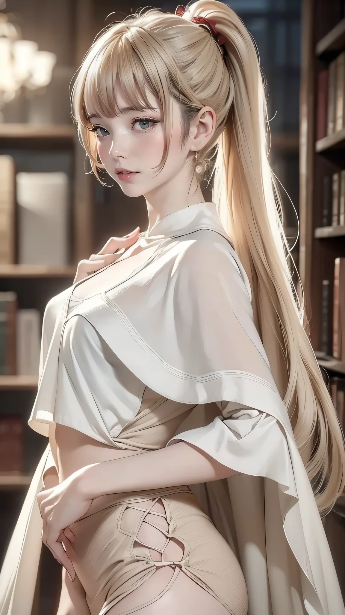 (masterpiece),(highest quality:1.2),((Perfect Anatomy)),(Perfect Fingers:1.3),(1 girl),(Flat Chest),highest quality,Blonde ponytail,Blunt bangs,(From the side),(Glancing sideways),Beautiful and detailed red eyes,Beige Capelet Fashion,in library,Disappointed,pastel tones,soft cinematic lighting,Bokeh,Captivating smile