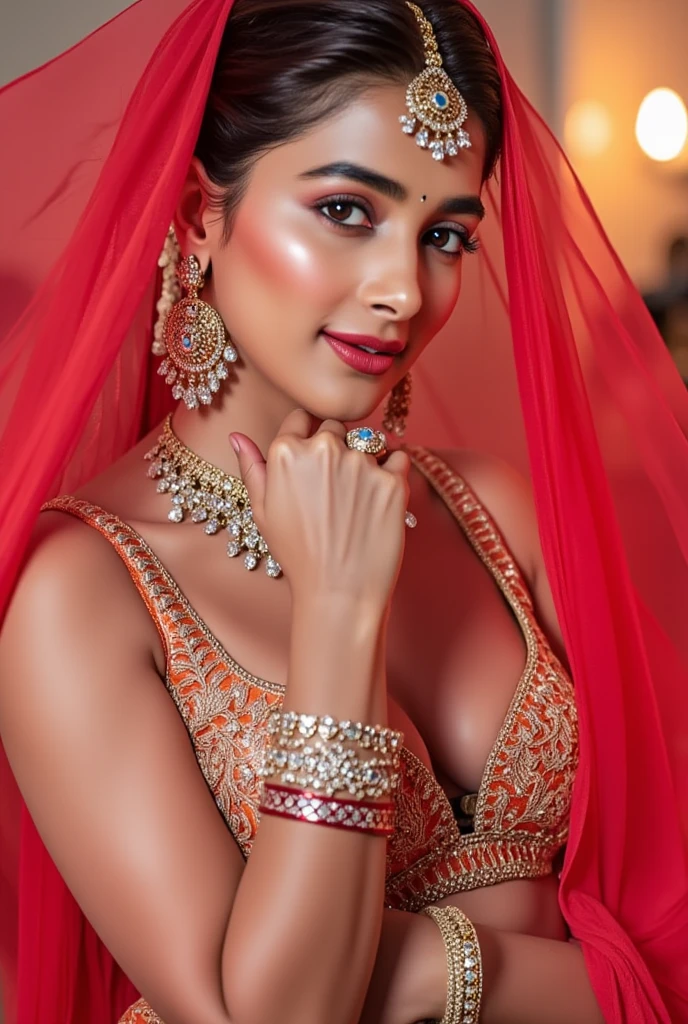 (masterpiece, best quality:1.2), 1girl, solo, stunning beauty, sexy indian nude, breasts visible, red bridal veil, bangles, jewellery, necklace, tiara, like a princes, body facing camera, ear ring, navel ring