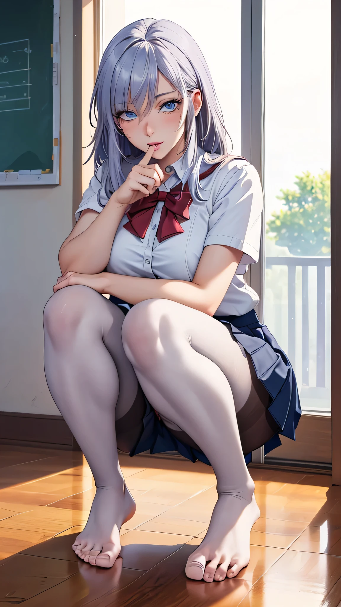 ( best quality, 4K, 8k high resolution, masterpiece:1.2),  Very detailed, 1 person, Bewitching Woman, ((Suite)),((squat)),(long white hair),(),( blue eyes), has a sexy atmosphere , Attractive legs, Magic Hour,(( College Student )),(( school uniform)),(()),(()),(()),(( Pleated Mini Skirt)),(( beautiful feet)),(( pantyhose)),((Married Woman)),(()),(()),Focus on individuality ,   fine and beautiful eyes ,  Beautiful Lip Details ,  Long eyelashes,  bright color , Photo Spot, Soft Warm Hues ,