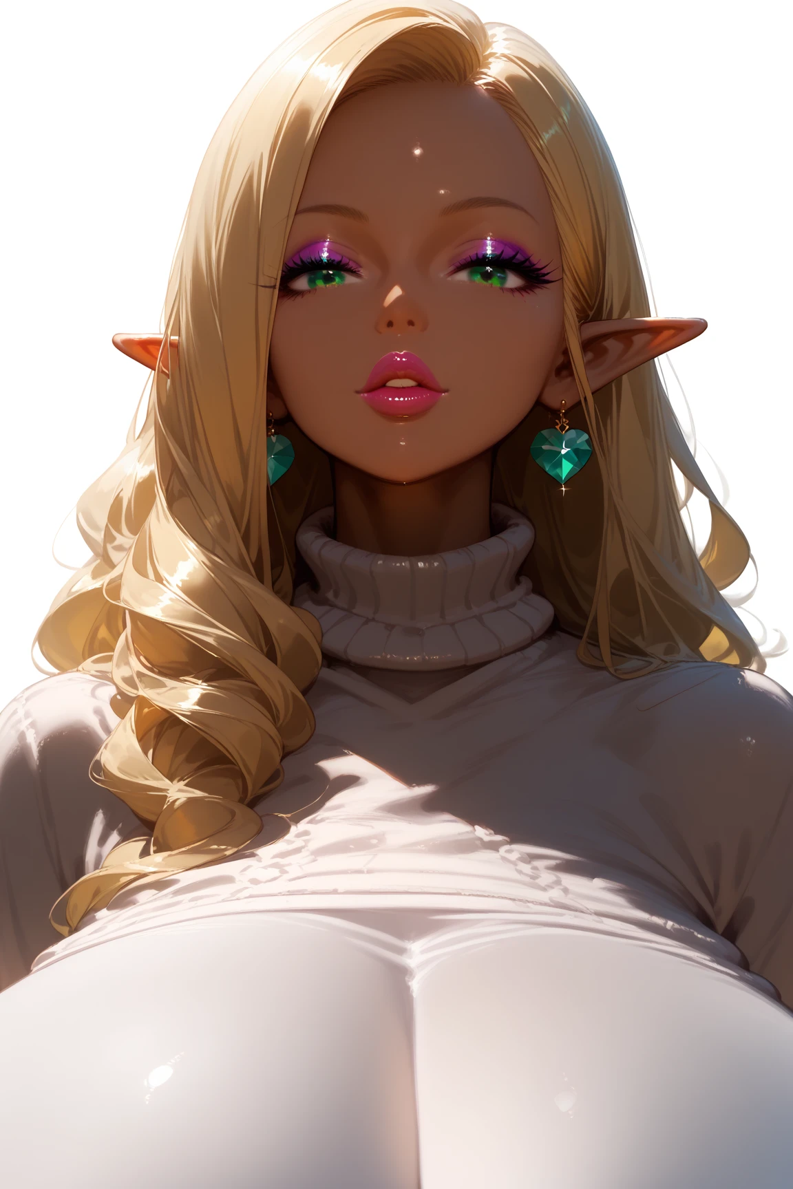 
score_9, score_8_up, score_7_up, 1girl,solo, upper body,looking at viewer, white background, voluminous long blonde hair, elf, makeup , parted lips, lipstick, eyeliner, bimbo, gyaru woman, gigantic breasts, sweater, mint green eyes