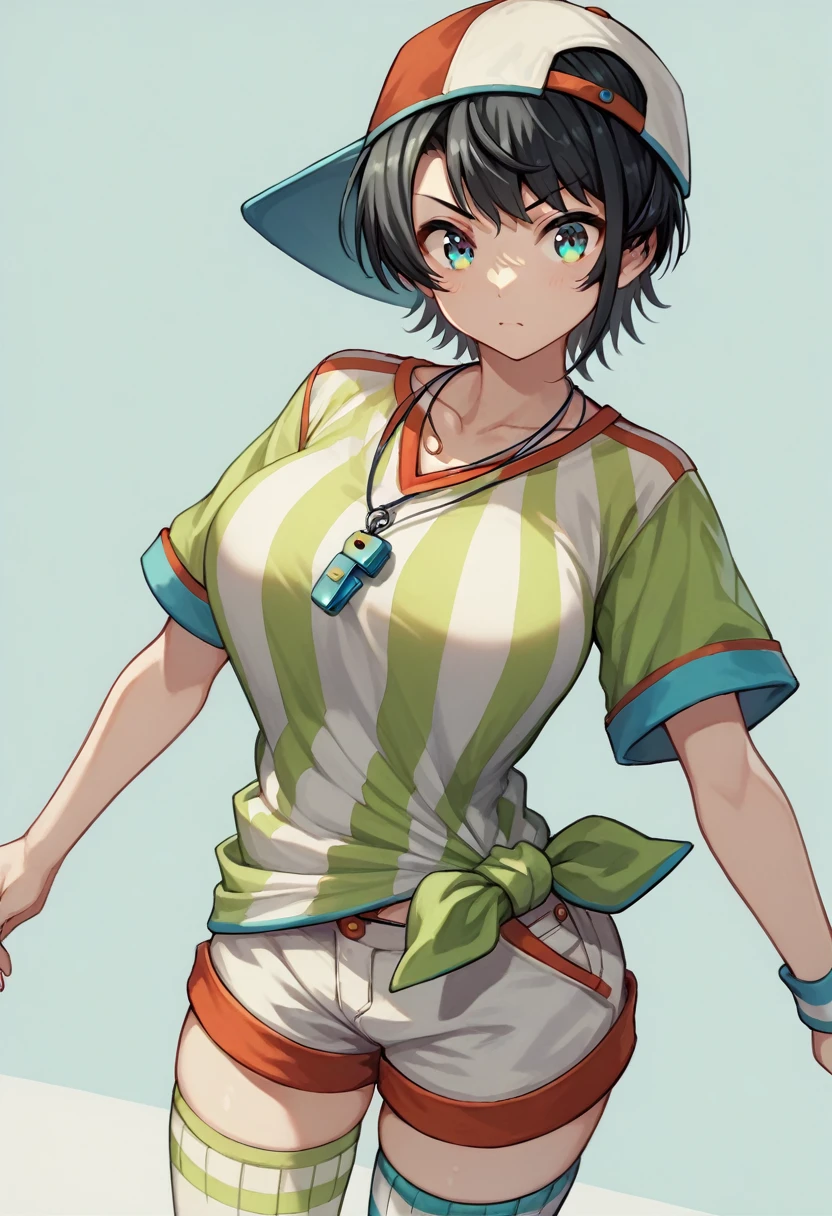 aasubaru, short hair, black hair, backwards hat, multicolored eyes, breasts, whistle around neck, vertical-striped shirt, tied shirt, short sleeves, wristband, short shorts, white shorts, asymmetrical legwear, thighhighs,　Big Breasts