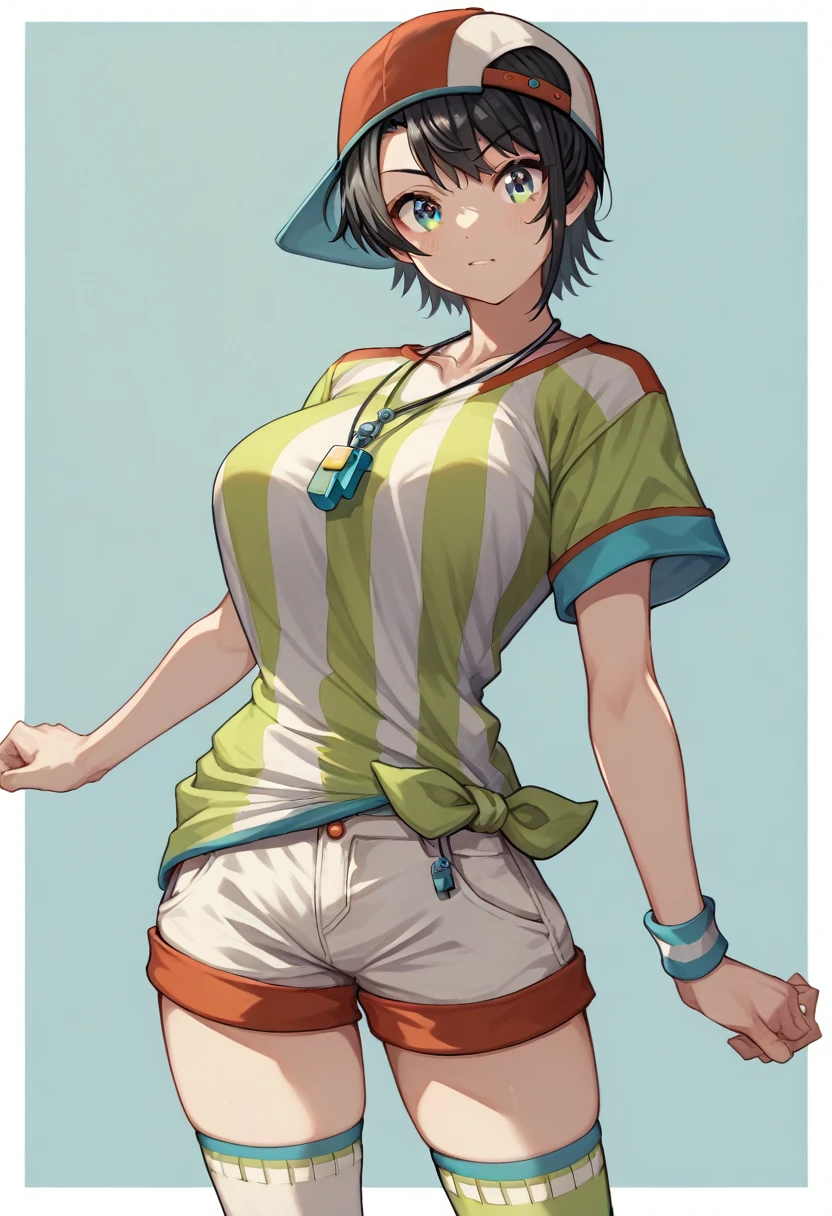 aasubaru, short hair, black hair, backwards hat, multicolored eyes, breasts, whistle around neck, vertical-striped shirt, tied shirt, short sleeves, wristband, short shorts, white shorts, asymmetrical legwear, thighhighs,　Big Breasts