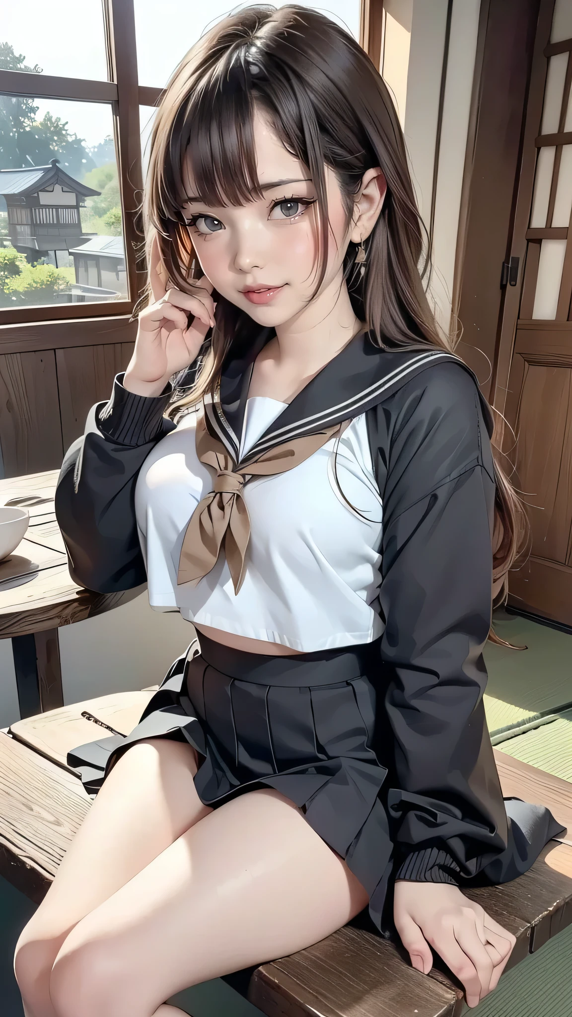 8k, masterpiece, highest quality, Ultra - High resolution, highest resolution, very detailed, professional lighting, Orange Light Lighting、Backlight、Detailed CG、Low angle from the front、full body shot、Beautiful woman、beautiful eyes、(detailed face and iace:1 2)、narrow eyes、almond eye、brown eyes、gradation eye、highlight:1.2)、(beautiful black hair、long hair、asymmetrical bangs、(plump lips、glossy lips、 size) 、(oval face : 1.4)、(thin fingered arms、detailed human hand)、(table top, highest quality:1.2), nostalgic、Wooden warehouse、Landscape with Japan wooden house、Sitting on the veranda、ancient folk house、pine trees、plant、Beautiful Japan garden、The bright red sunset is beautiful、vapor、mist、white breath、full body pose、Girl blends into the landscape、sitting in a chair、Beautiful woman, small face、white skin、very cute, ************、(detailed eye、bright pupils、gradient eyes:1、Beautiful eyes drawn in detail:1、symmetrical eyes:1、Big eye highlight:1.2)、fine hair、brown eyes)、Breasts are medium in size、(black brown hair、semi-long)、(sailor suit、 serafuku:1.4)、thin and long legs、beautiful hip line、Beautiful spine、constricted back、tight waist、black underwear、JK Black Skirt 、pleated skirt、Hip line emphasis、black socks、black stockings、brown eyes,face is a little red, beautiful breasts、Breasts are A cup、shoes are loafers、Split ends of long hair) 、(round face: 1.4)、gentle smile、open your mouth、teeth visible