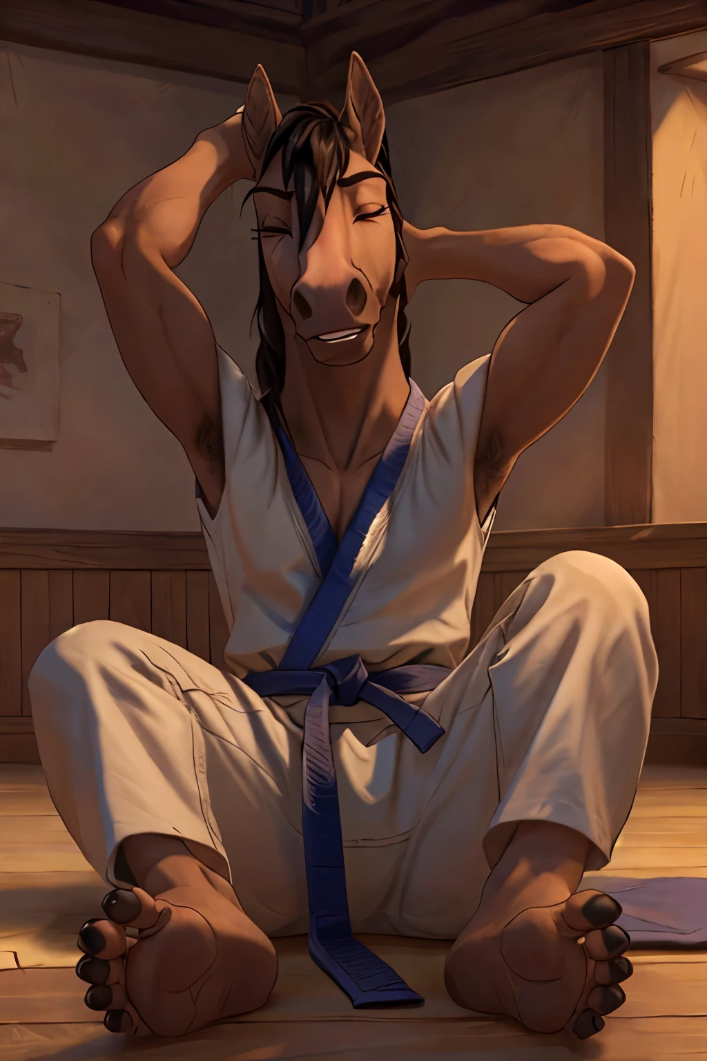 Single,solo, did a anthro male adult horse, the horse ((sitting)) on the floor ((collapse)) (((stretches both legs forward))) and is knockout, defeated. he wearing a black Judogi (Judo). His feet (five toes) with (black feetsoles) and (black nails) (long nails) showing to the viewer (feet goes to the front) Background is a dojo. Closed Eyes and closey mounth, defeated face. exhausted realstic fur, detailed fur texture:1.2) hyperrealistic, ultradetailed, natural lighting, ((closes eyes)) ((feetpaws to the fron)) (feet up) ((FEET up)) ((blackfeetsoles)) ((black nails)) 