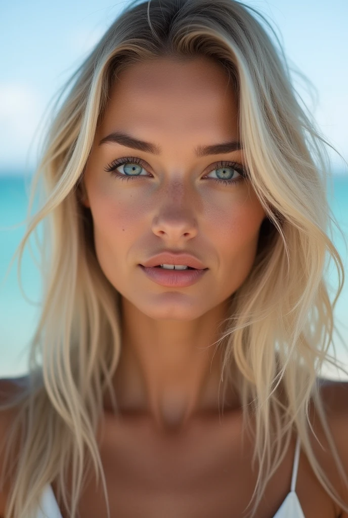 a model that are on a beach, drinjing a cockthail, dressed in beach chlothes, professional, (4k photo:1.1) (Sharp focus:1.3), high detail, beautiful detailed face, green eyes, long blonde hair, (attractive young woman:1.3), (seductive:1.1), (blushing:1.1), one girl, in maldives