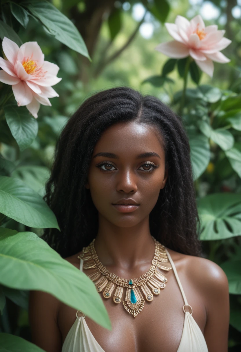 A stunningly beautiful African American woman with long brown dreadlocks with highlights on the ends in walking through the park looking sexy & sensual, realistic