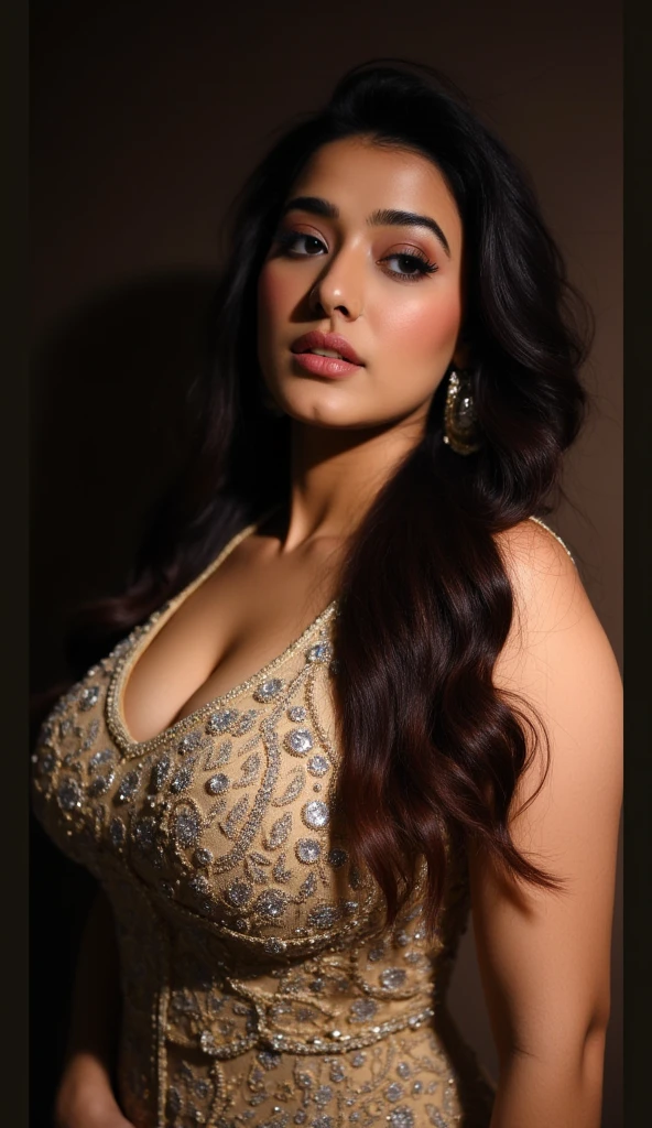 beautiful plus size woman,1girl,full body portrait,sensual pose,hourglass figure,large breasts,wide hips,long flowing hair,detailed face,full makeup,beautiful eyes,long eyelashes,plump lips,glowing skin,intricate jewelry,luxurious dress,elegant background,dramatic lighting,cinematic composition,(best quality,4k,8k,highres,masterpiece:1.2),ultra-detailed,(realistic,photorealistic,photo-realistic:1.37),cinematic,glamour,high fashion,dramatic colors,cinematic:1.3), intricate details, (ArtStation:1.2).