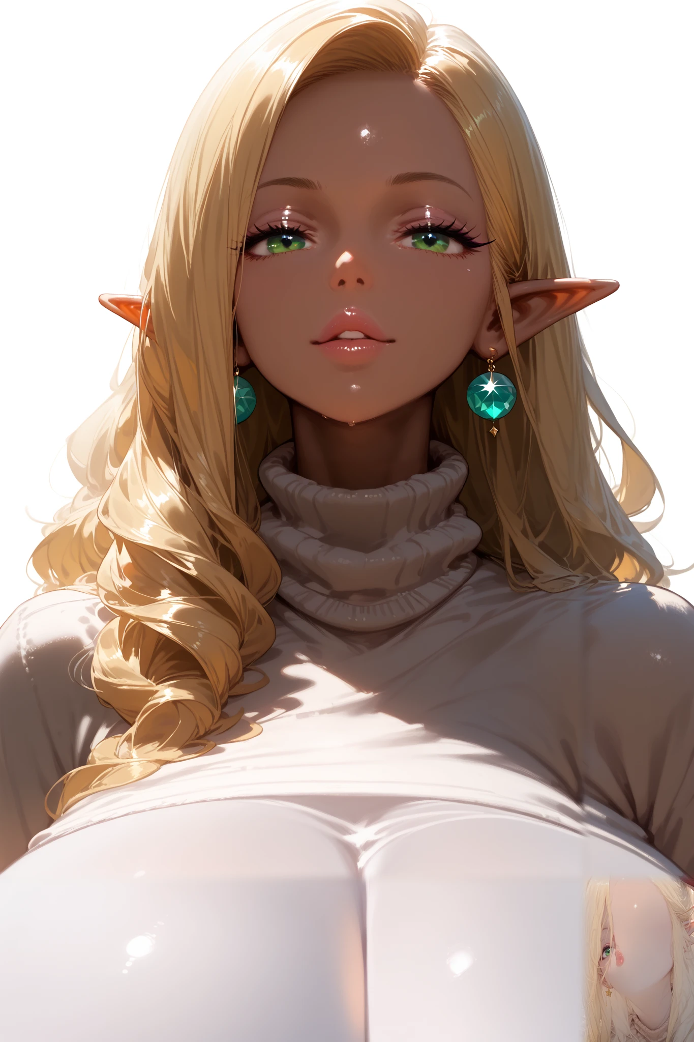 
score_9, score_8_up, score_7_up, 1girl,solo, upper body,looking at viewer, white background, voluminous long blonde hair, elf, makeup , parted lips, lipstick, eyeliner, bimbo, gyaru woman, gigantic breasts, sweater, mint green eyes