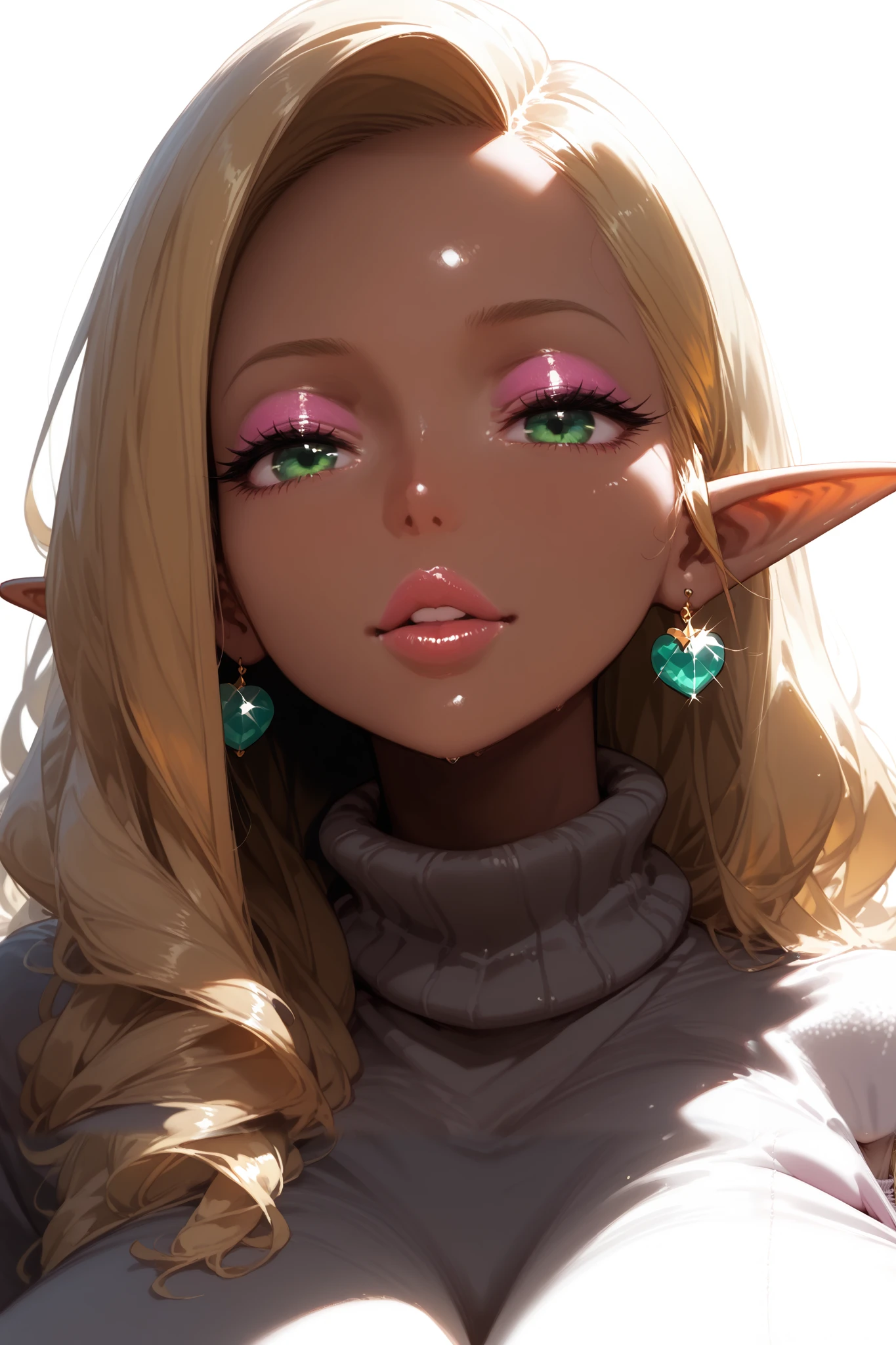 
score_9, score_8_up, score_7_up, 1girl,solo, upper body,looking at viewer, white background, voluminous long blonde hair, elf, makeup , parted lips, lipstick, eyeliner, bimbo, gyaru woman, gigantic breasts, sweater, mint green eyes