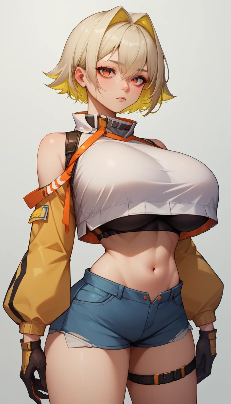 score_9, score_8_up, score_7_up, score_6_up, BREAK legg  ,  Short hair, bang, hair intakes,  multicolor hair ,  hair above the eyes ,белый  cropped top , bare shoulders,  long sleeves ,  suspender ,  life , navel,  short shorts , hip strap , gloves, huge breasts , cropped top ,sub-chest  