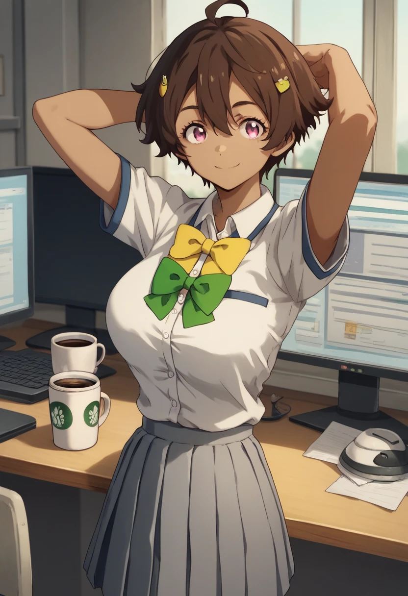 Score_9, Score_8_up, Score_7_up, source_anime, Lemonyakishio, Lemonyakishio, short hair, brown hair, ahoge, pink eyes, hair clip, hair between the eyes , dark skin, dark-skinned woman, skirt, shirt, bow, school uniform, white shirt, short sleeves, pleated skirt, bow tie, yellow bow, gray skirt, yellow bow tie, green bow, green bow tie, home office, work from home, computer screen, coffee cup, attention, deadline, smile, hands behind head, alone, cowboy shot, dutch angle　Big Breasts