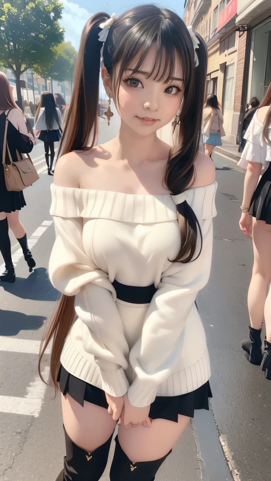 top-quality、supreme1People Girls,hightquality,A detailed face、A detailed eye、Detailed nose、Detailed mouth、 Beautiful expression, ((masuter piece)), ((High resolution)), ((Best Quality)), detail, (Excited face.Very happy,), ((), (Off-shoulder knit sweater、Tight mini skirt、Black stockings、long boots)、 girl with, a blond, (Half Twin Tail)、Standing figure、fair white skin:1.3、、Smaller chest, cinmatic lighting, perfectly shaded,(((In the street))), Realistic lighting with shades,Reflecting the whole body