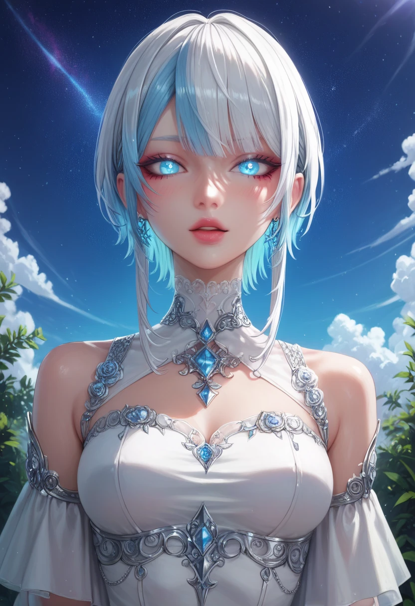 rating_explicit, masterpiece, absurdres, (high quality), detailed skin, detailed character design, ultra-high resolution, perfectly composed, clear, breathtaking attention to detail, highres, ultra detail, solo, 4k, 
BREAK
 (score_9, score_8_up, score_7_up), (Masterpiece), (expressive eyes), 1girl, Nukumizu Kaju, 20yo, white dress, curby body,
Automaton, colored skin, ruddy_skin, white midium hair, blue eyes, glowing eyes, looking at viewer, standing, front view, outdoors,
starry sky,bust shots,
BREAK
score_9, score_8_up, score_7_up, score_6_up, score_5_up,