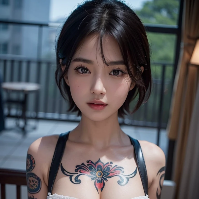 Skinny body, with abs and tattoos , short black hair and marked jaw