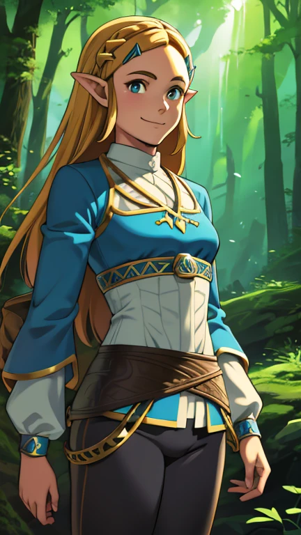 "An exquisite masterpiece with the best quality showcasing Princess Zelda from The Legend of Zelda: Breath of the Wild. Solo portrait of 1girl with black pants and a generously proportioned chest. Nintendo-inspired brilliance, the setting is in a bright forest, shot from below. "
