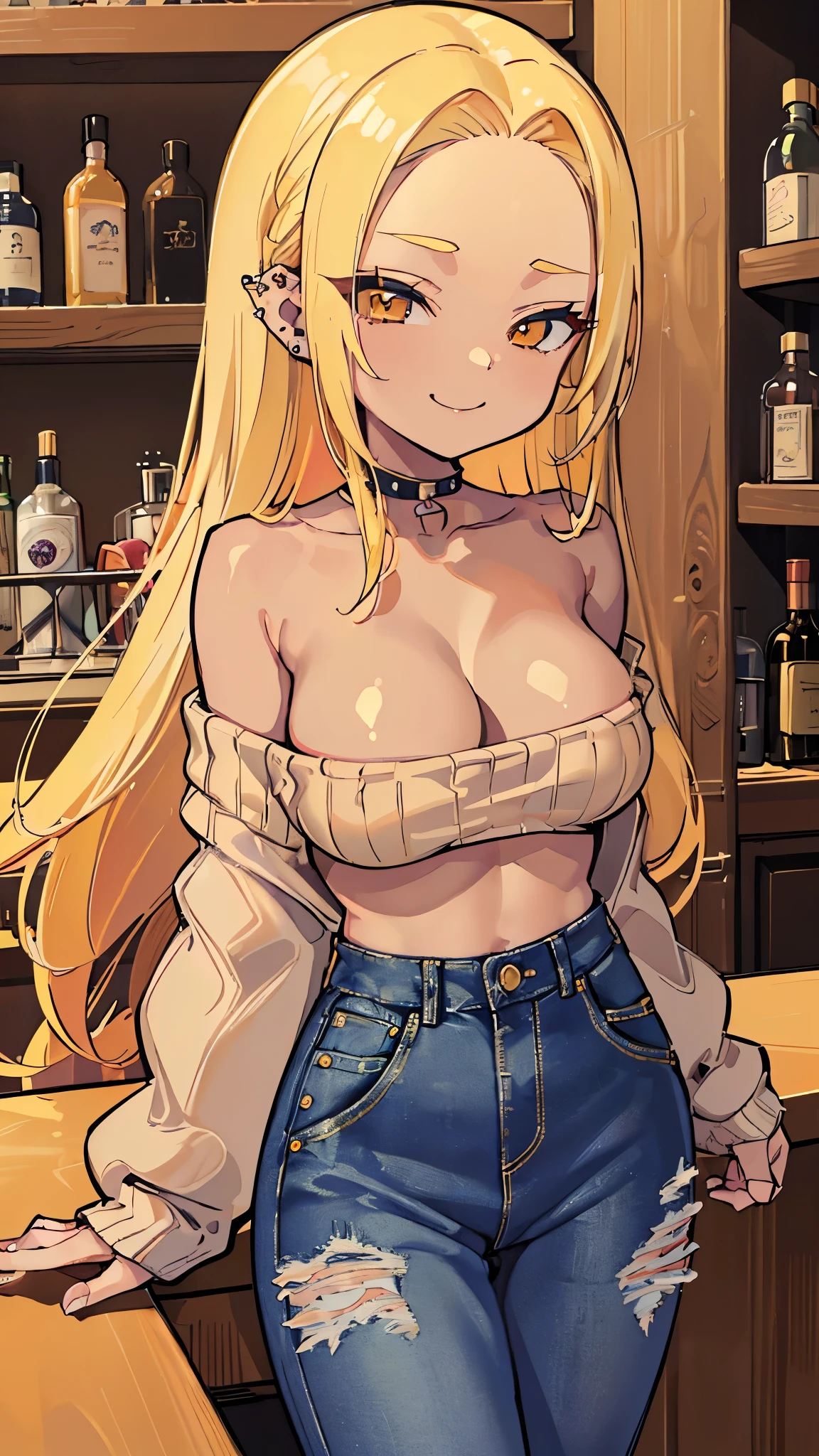 ((masterpiece、 best quality、 Very detailed))、 one girl、(( brown skin:1.3))、Yellow Hair、 long hair、((bold、slicked back))、 Brown Eyes 、evil smile、((lots of piercing))、 Big Breasts 、((sweater))、 off-shoulder 、 Strapless 、((denim pant)) 、 Cowboy Shot 、 bar counter、Bar Background