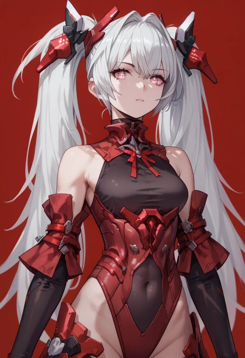 masterpiece, 1girl, anime, Oblivion, pink eyes, white hair, long hair, twintails, headgear, Oblivion clothes, navel visible through clothes, leotard, upper body, innexpressive, red background, simple background, score_9, score_8_up, score_7_up, unaestheticXL_Sky3.1