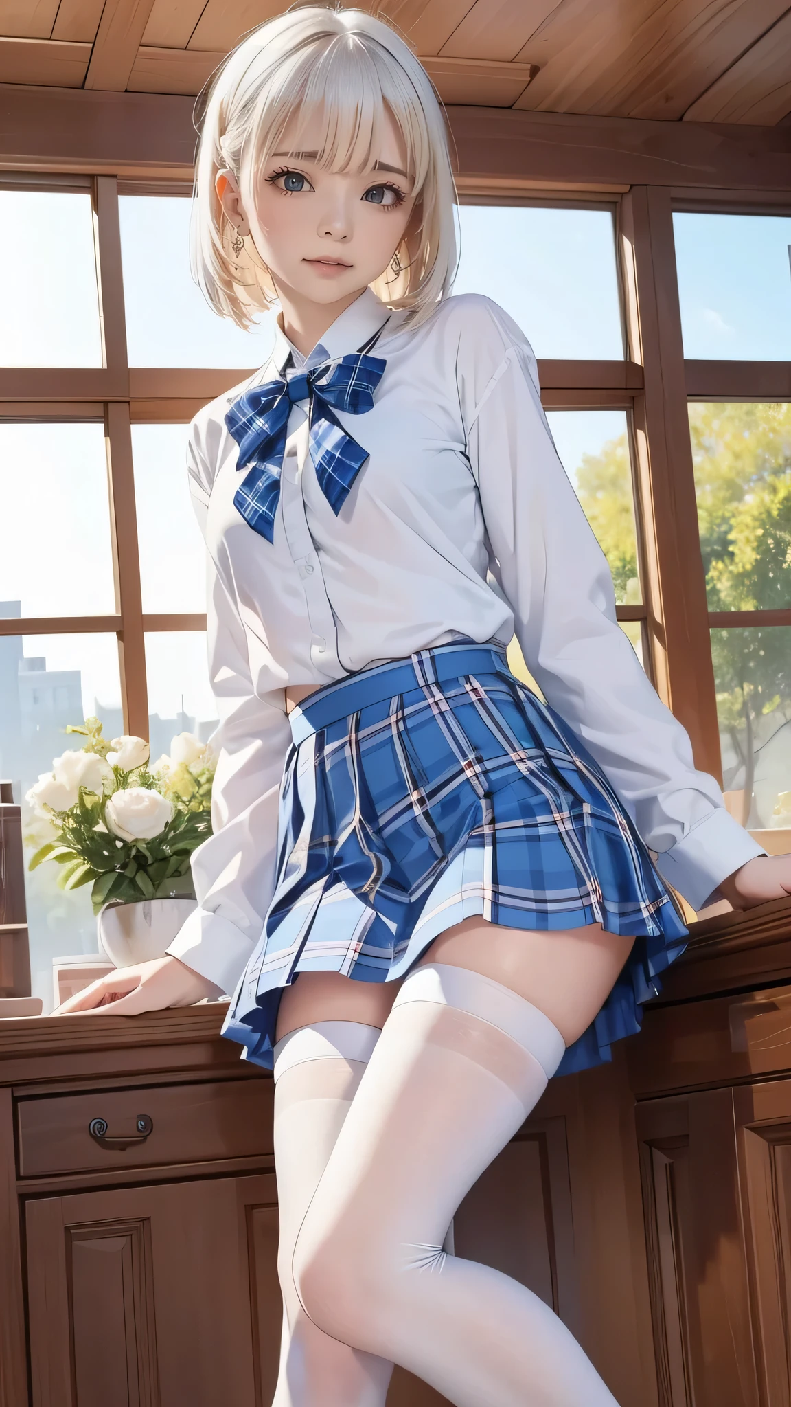 masterpiece, best quality, {best quality}, {{masterpiece}}, {high resolution}, girl，student，Uniforms，jk ，blue plaid skirt，white hair，cute，1girl，Small black boots，white pantyhose，beauty，big blue eyes