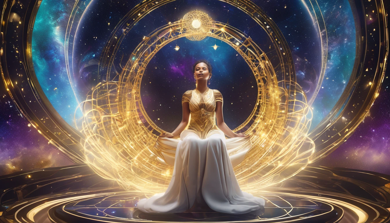 Mystical woman in the middle of the universe Astral body, deep meditation, Etéric atmosphere, Aurico