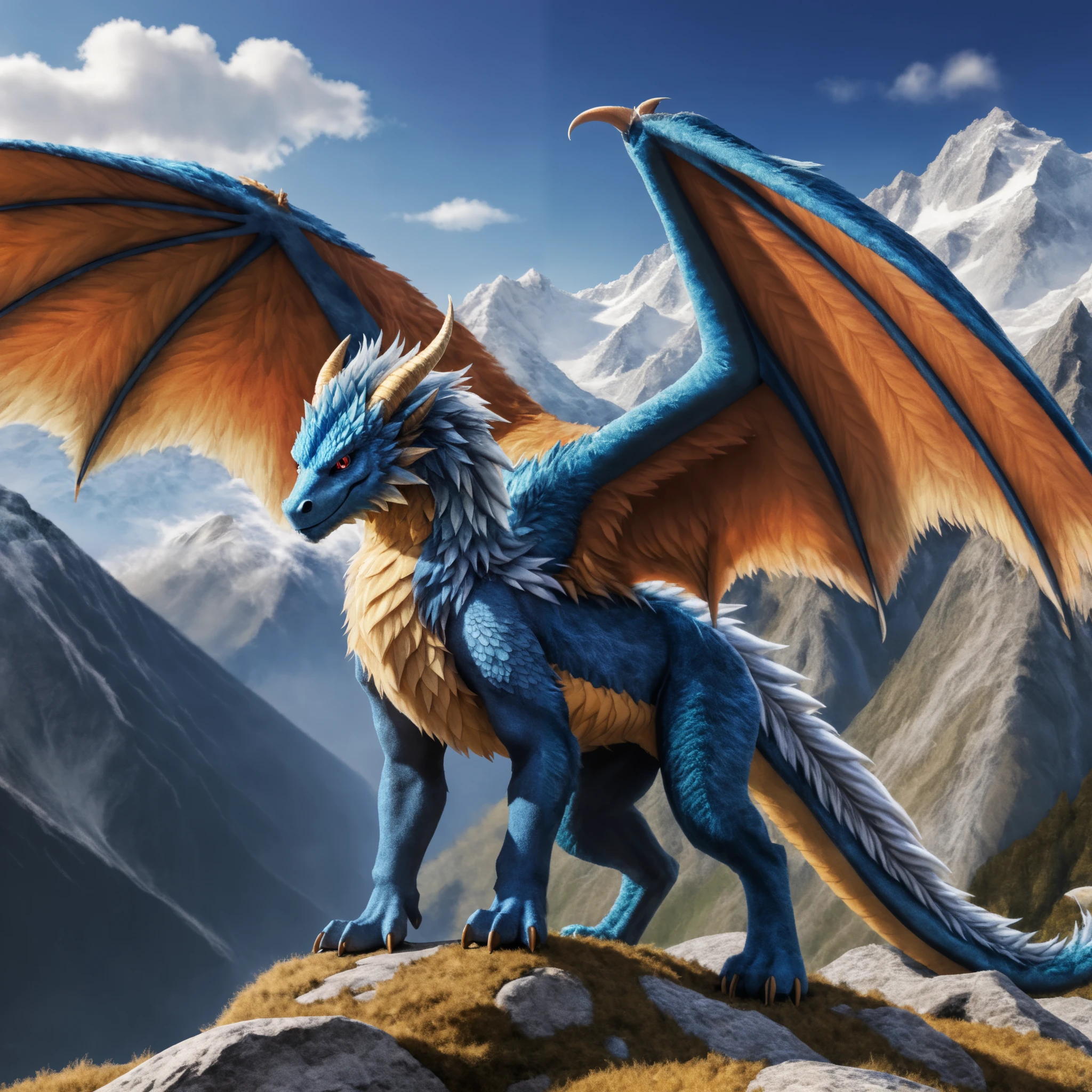 European dragon, (Fuzzy:1.3), Fur on all areas of the body, very detailed fur, large wings, On all 4 standing , Looks at the viewer, in the high mountains, very high quality, High resolution , detailed background