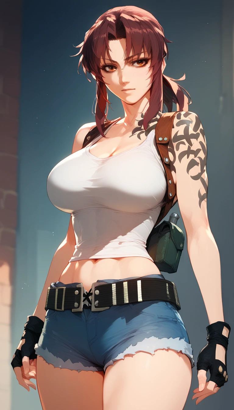 revy, ponytail
tank top, fingerless gloves, denim shorts, belt, holster　Big Breasts