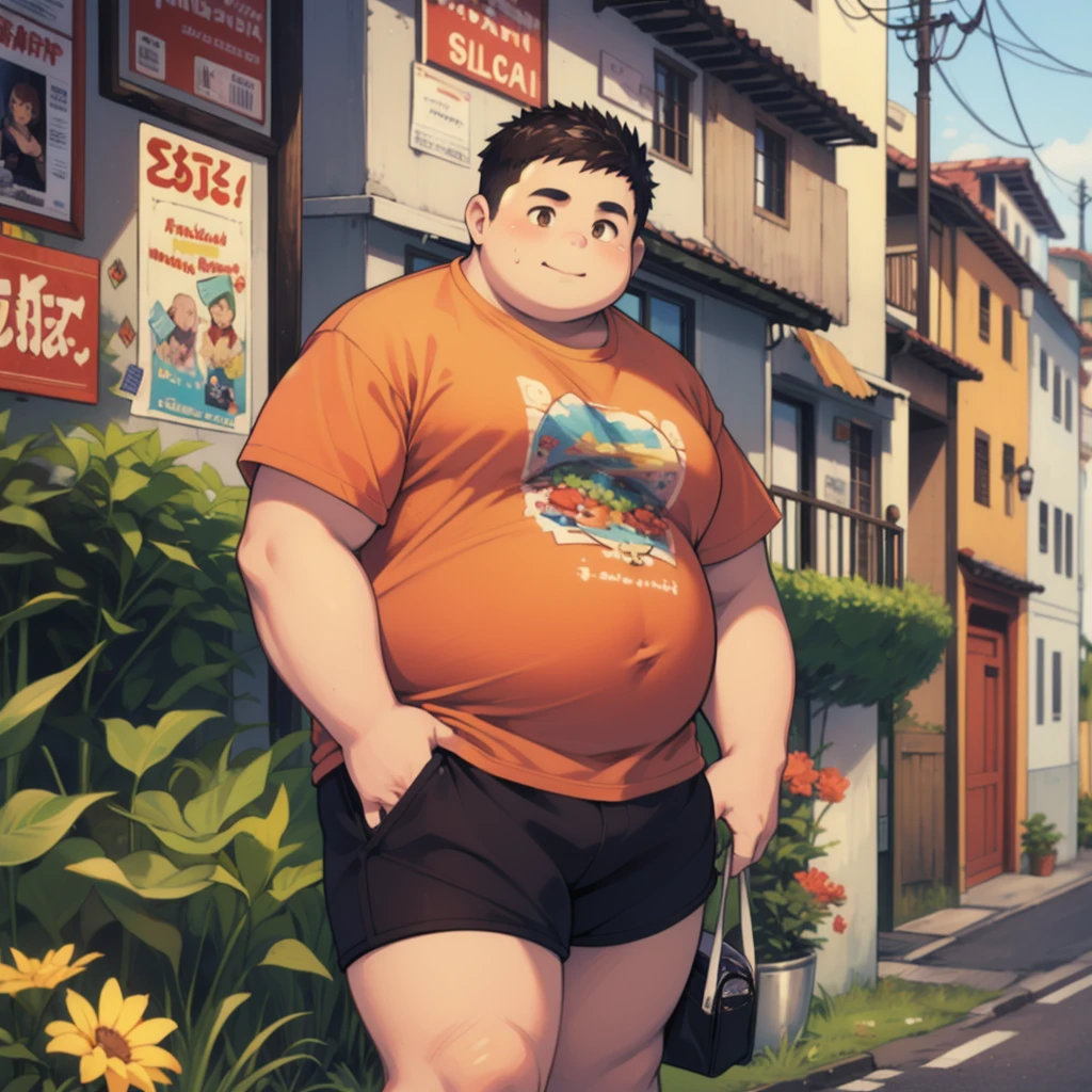 A Teenage Boy with Brown Eyes, in Casual Shirt and Shorts, Very Chubby and Fat, fat bellied, chubby sides, in colombia