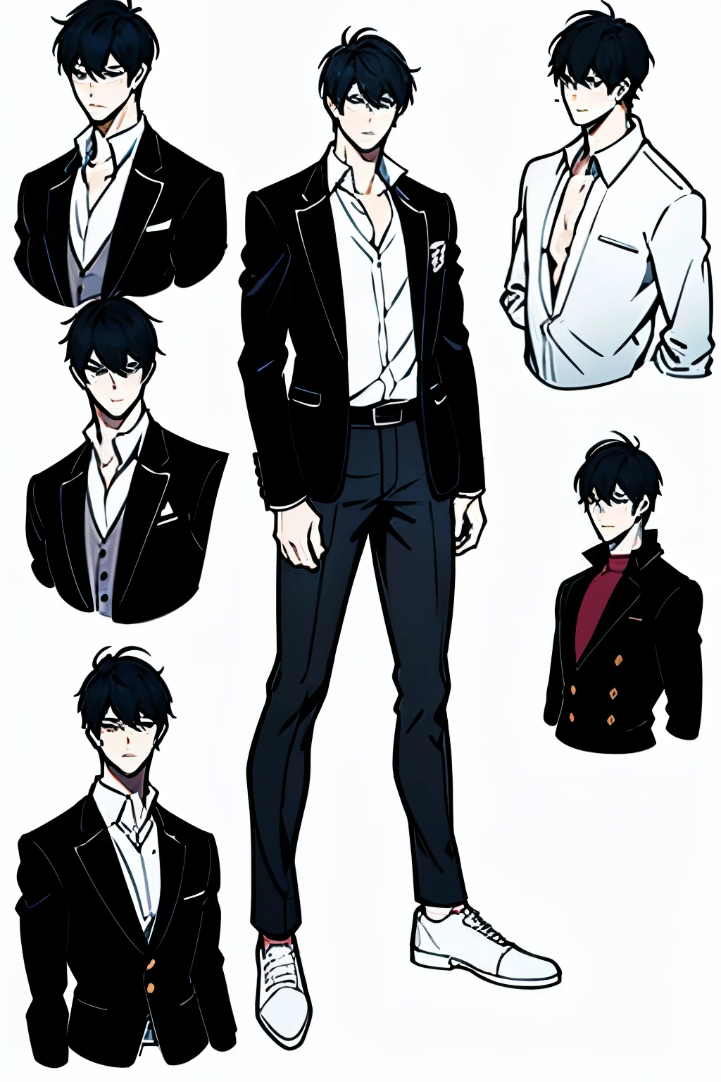 Go Eunhyuk from the Webtoon called Operation True Love, ((concept art)), (character concept), handsome main character, white shirt, black blazer, black pants, white shoes, school uniform, full body, character sheet, front and back profiles, white background, no background