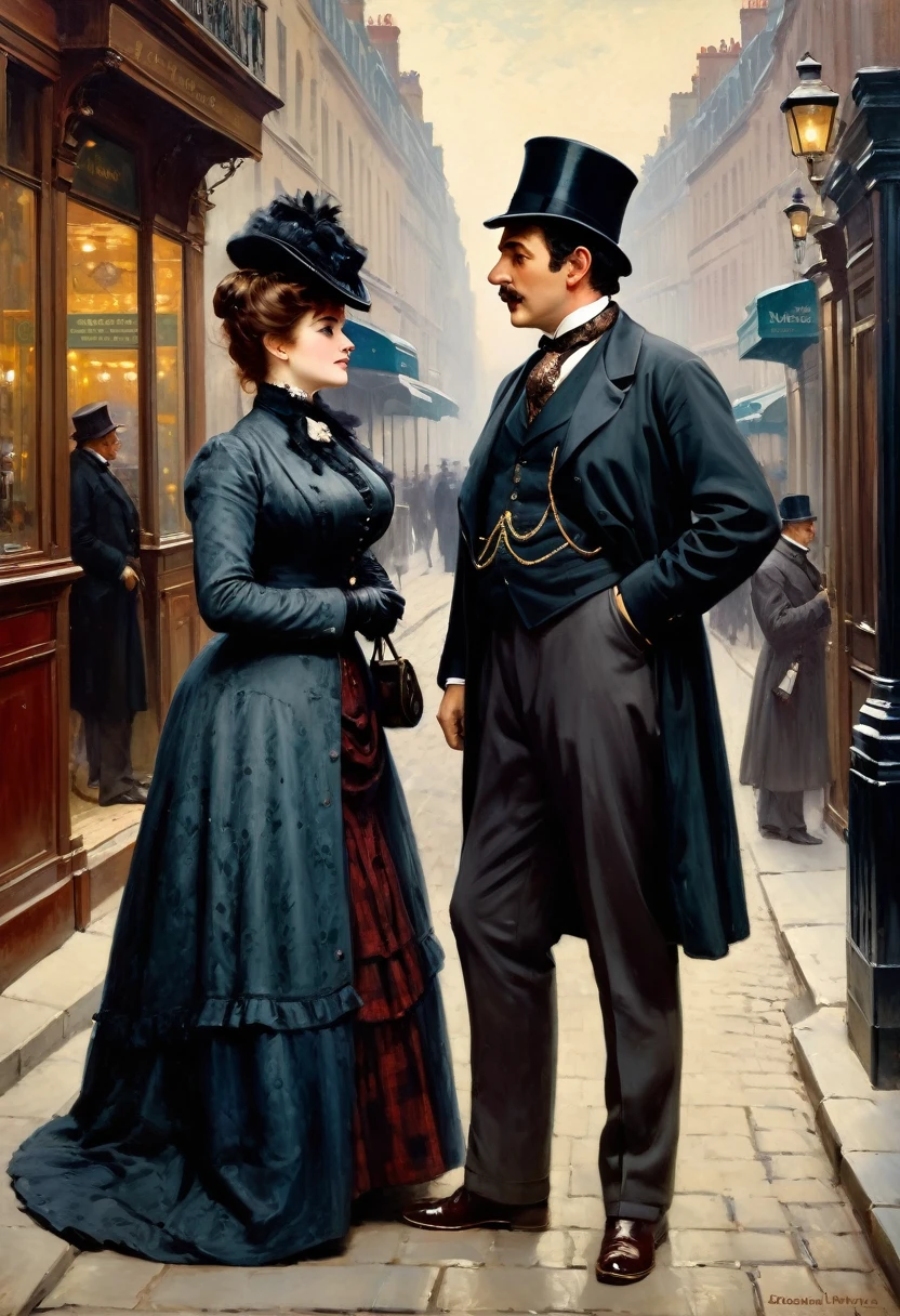 Full body shot of a Victorian Scene, sherlock holmes and a plump voluptuous buxom pretty Victorian widow having flirt standing face to face in Baker street,
by Jean Béraud, inspired by Jean Béraud, inspired by Édouard Detaille, edouard leon cortes, inspired by Ivan Kramskoi, inspired by Jean-Louis-Ernest Meissonier, by Édouard Detaille, inspired by Paul Émile Chabas