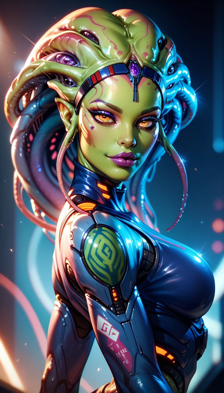 Ancient Extraterrestrial Creature, Alien Being, ((Non-Human)), Female seductive Alien, colorful skin, Revealing Glowing Biopunk, Futuristic Alien clothes, Seductive Alien technology