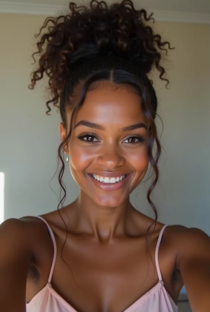 "ultra-realistic image of a gorgeous south African 19 year old, taking a selfie in a bathroom with toilet, caramel skin, perfect body, taking bathroom selfie with her iphone 14, wearing lingerie, small breast, cleavage, skinny, ultra thin waist, black hair, short curly afro hair , gigantic round butt, smiling, piercing green eyes."