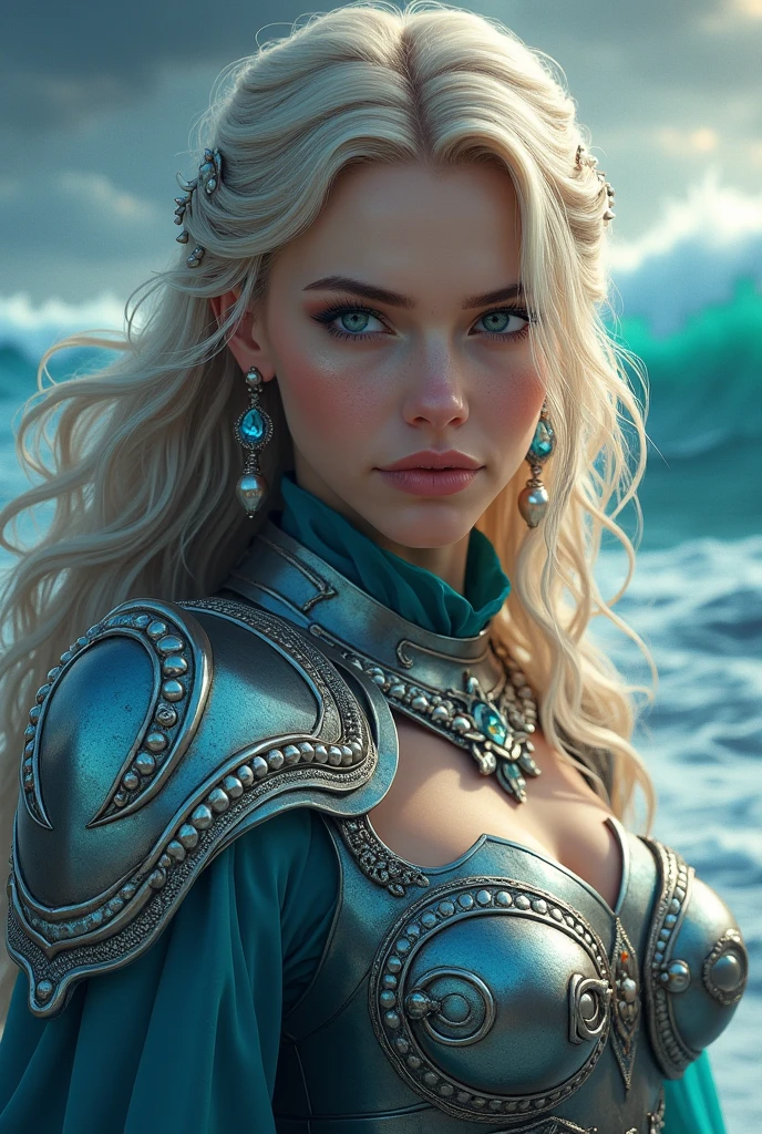 Viking girl with futuristic armor and long braided hair,sea front,night,boat,wind,tattoo on body,viking shield,war tattoo,cold,artwork,3D,4K,detailed,realistic