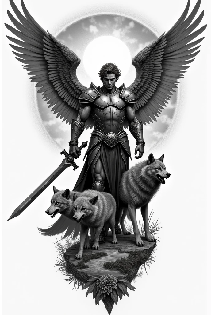 anime+yaoi+hentay intence color palette, symmetrical composition, ultra-detailed artistic style, oil painting, full body, perfect composition, perfect anatomy, wearing ancient roman soldier arnor, dramatic, natural lighting, a beautiful angel, handsome, tall, muscles Realistically detailed, body symmetry,The angel is holding a golden sword flying to confront a group of black dogs