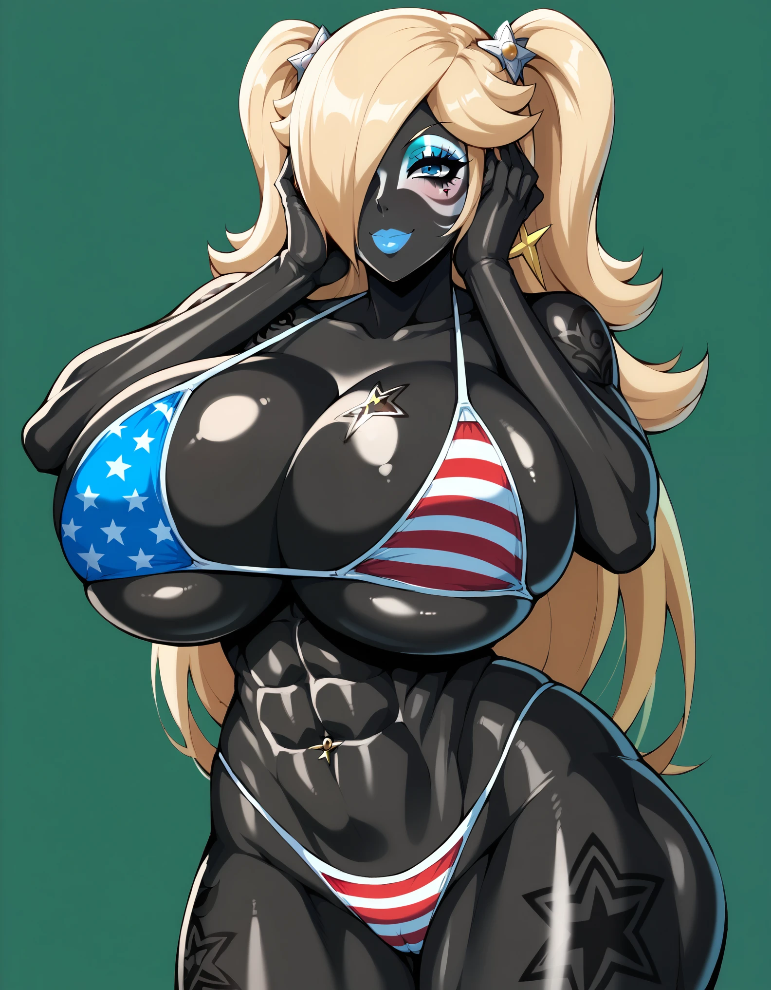 score_9, score_8_up, score_7_up, 1girl, milf, solo, (abs, colored skin, jet-black skin), IncrsXLRosalina, (huge breasts:1.5), (((blonde hair), very long hair, hair over one eye, long sidelocks, two side up, blue eye, half-closed eye)), blue lips, yamanba, makeup, eyeshadow, (white facepaint makeup), facial mark, face stickers, piercings, tattoos, ((american flag print bikini, panties)), ((light smile), closed mouth), ((hands on own face, bedroom))