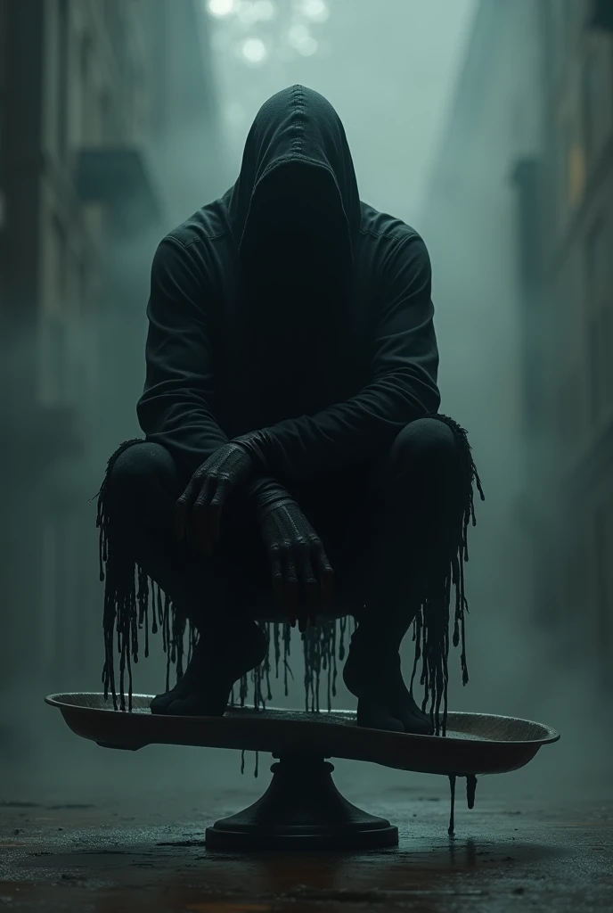Gloomy black basement poorly lit, a guy with shackles on his hands tied by chicks, standing on his knees with his head down, darkness in the background, gloomy atmosphere, very high quality of detail, 4K resolution.