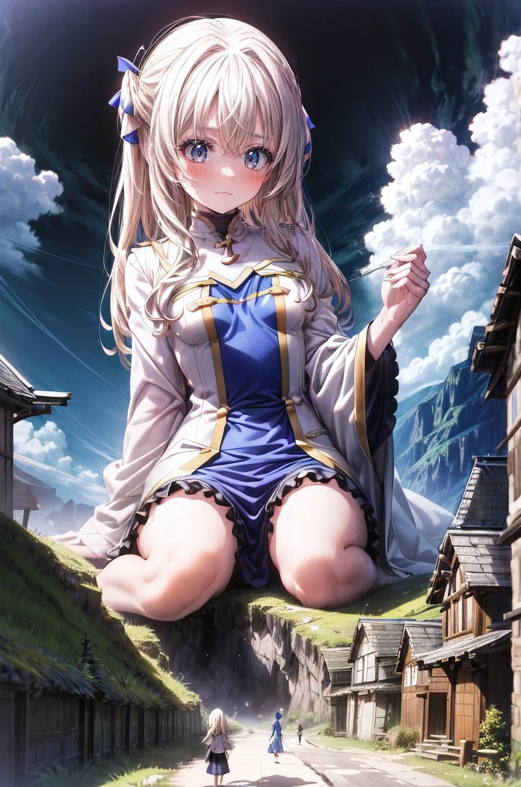 Anime girl sitting on a hill with a sky background - SeaArt AI