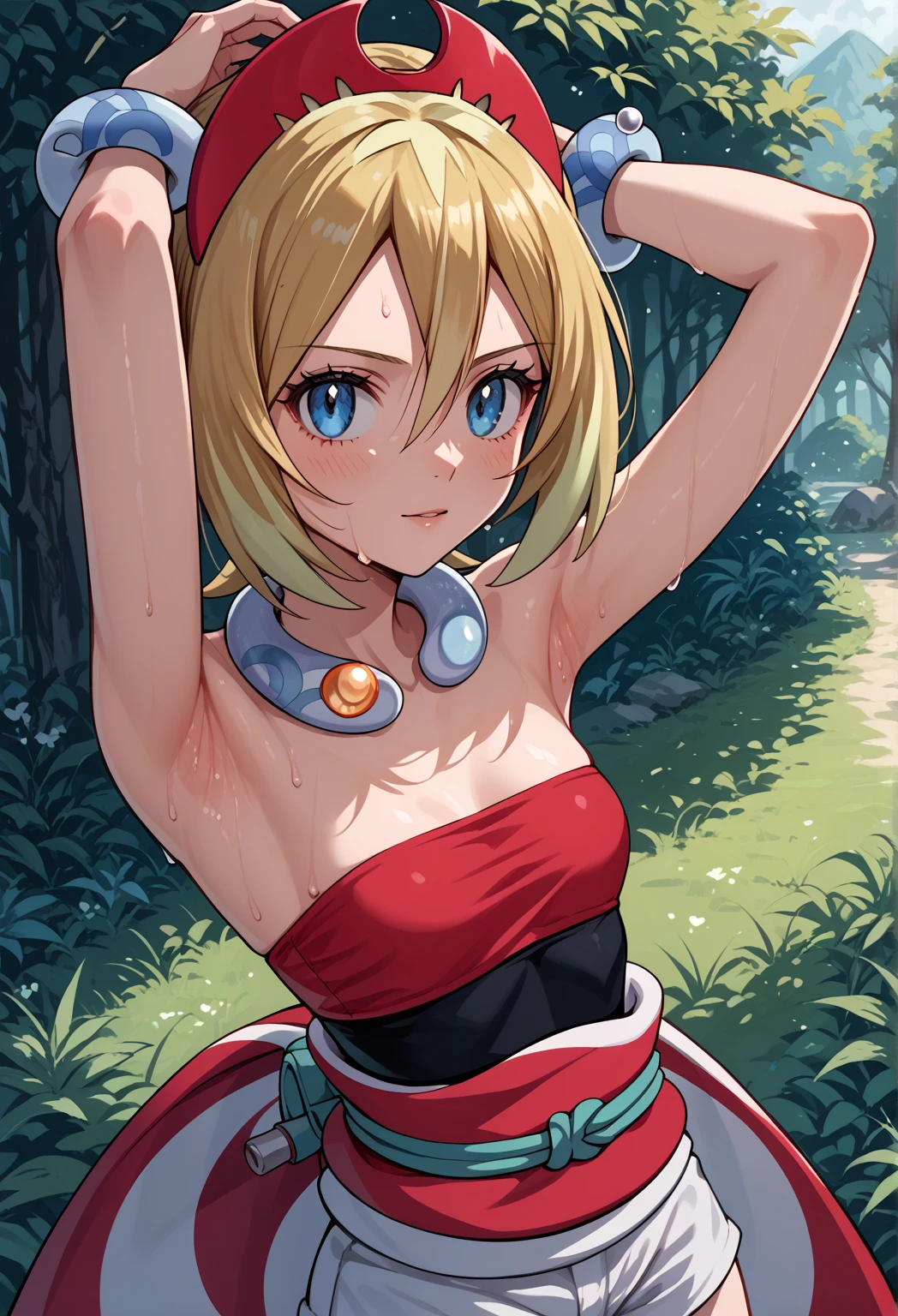 source_anime,
pokemonirida, pokemonirida, blonde hair, blue eyes, hair between eyes, medium hair,
bracelet, hat, jewelry, neck ring, red headwear, red shirt, sash, shirt, shorts, strapless, strapless shirt, waist cape, white shorts,
outdoors, nature,
looking at viewer,  armpits, close up, small breasts, arms up, arms behind back, sweat, sweating,

