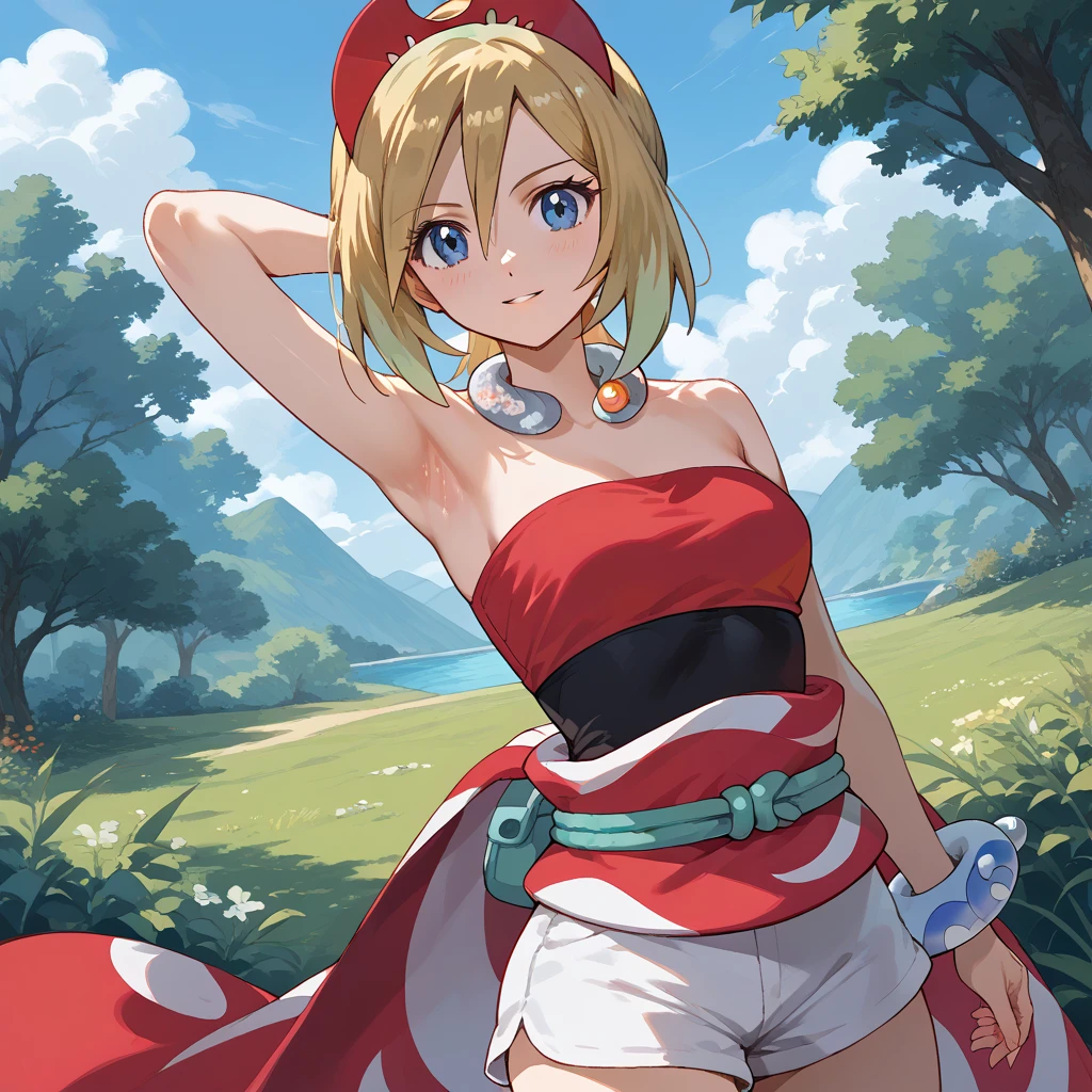 source_anime,
pokemonirida, pokemonirida, blonde hair, blue eyes, hair between eyes, medium hair,
bracelet, hat, jewelry, neck ring, red headwear, red shirt, sash, shirt, shorts, strapless, strapless shirt, waist cape, white shorts,
outdoors, nature,
looking at viewer,  armpits, close up