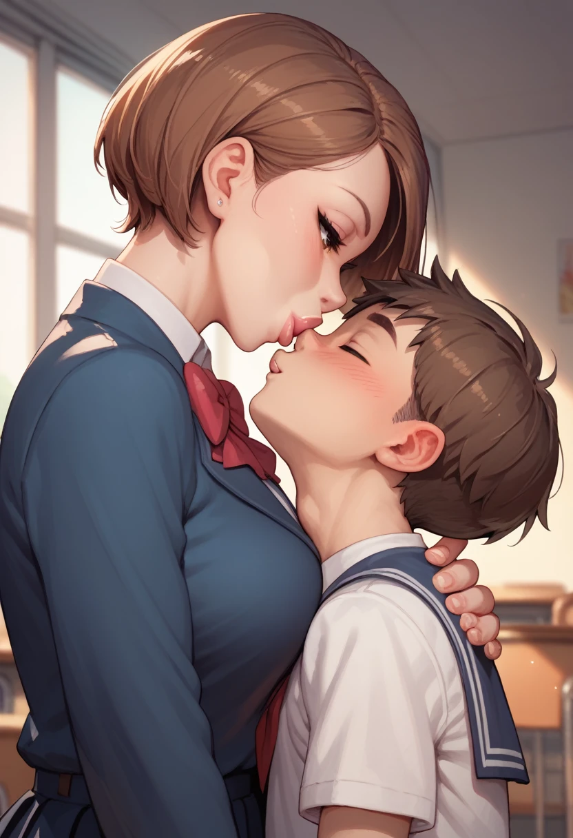 1girl, 1boy, Nobara Kugisaka,brown eyes,brown hair,short hair,school uniform, shota, kiss close up