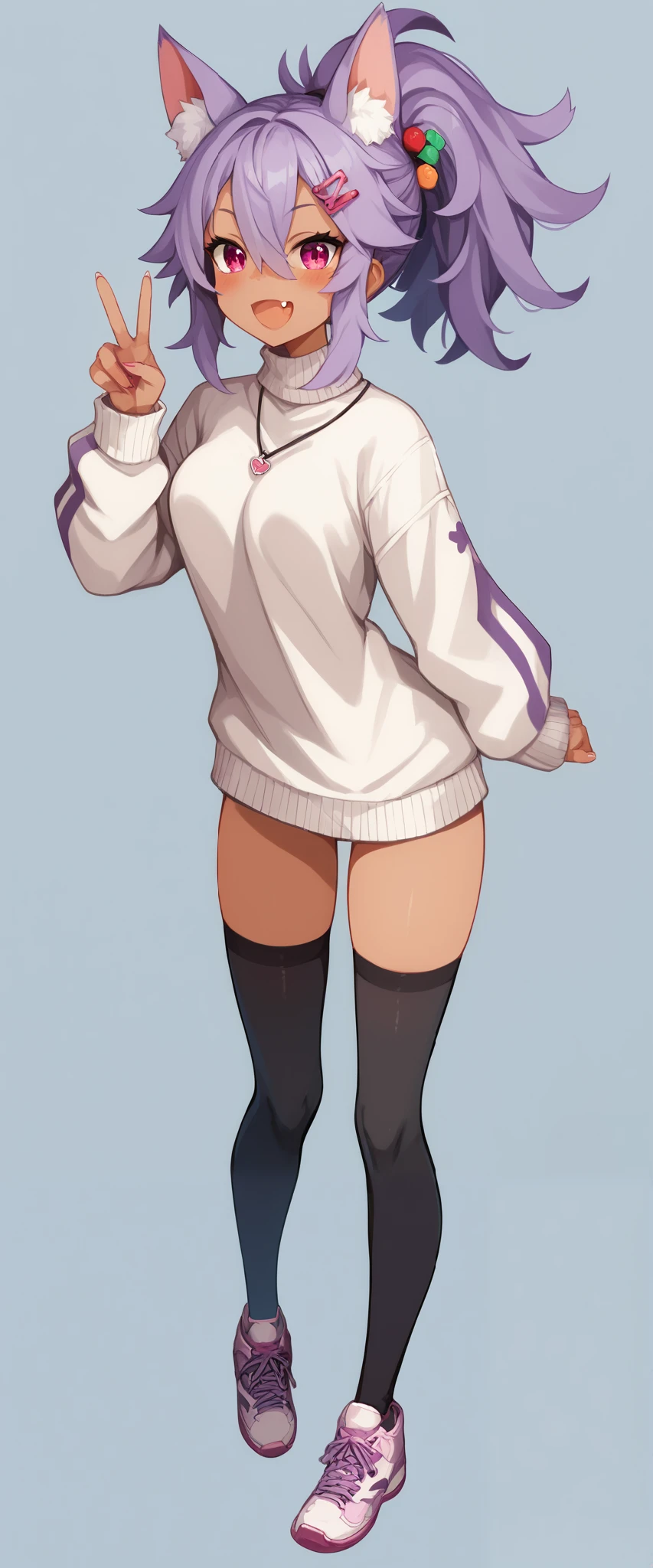 (Best quality), (high quality), 1girl, sexy pose, v-shaped sign, animal ears, bangs, blush, open mouth, (fang), dark skin, hair between eyes, hair ornament, ponytail, short messy hair, purple hair, hair clip, smile, solo, thigh highs, sweater, sneakers, gal, KEMOMIMI, simple background,