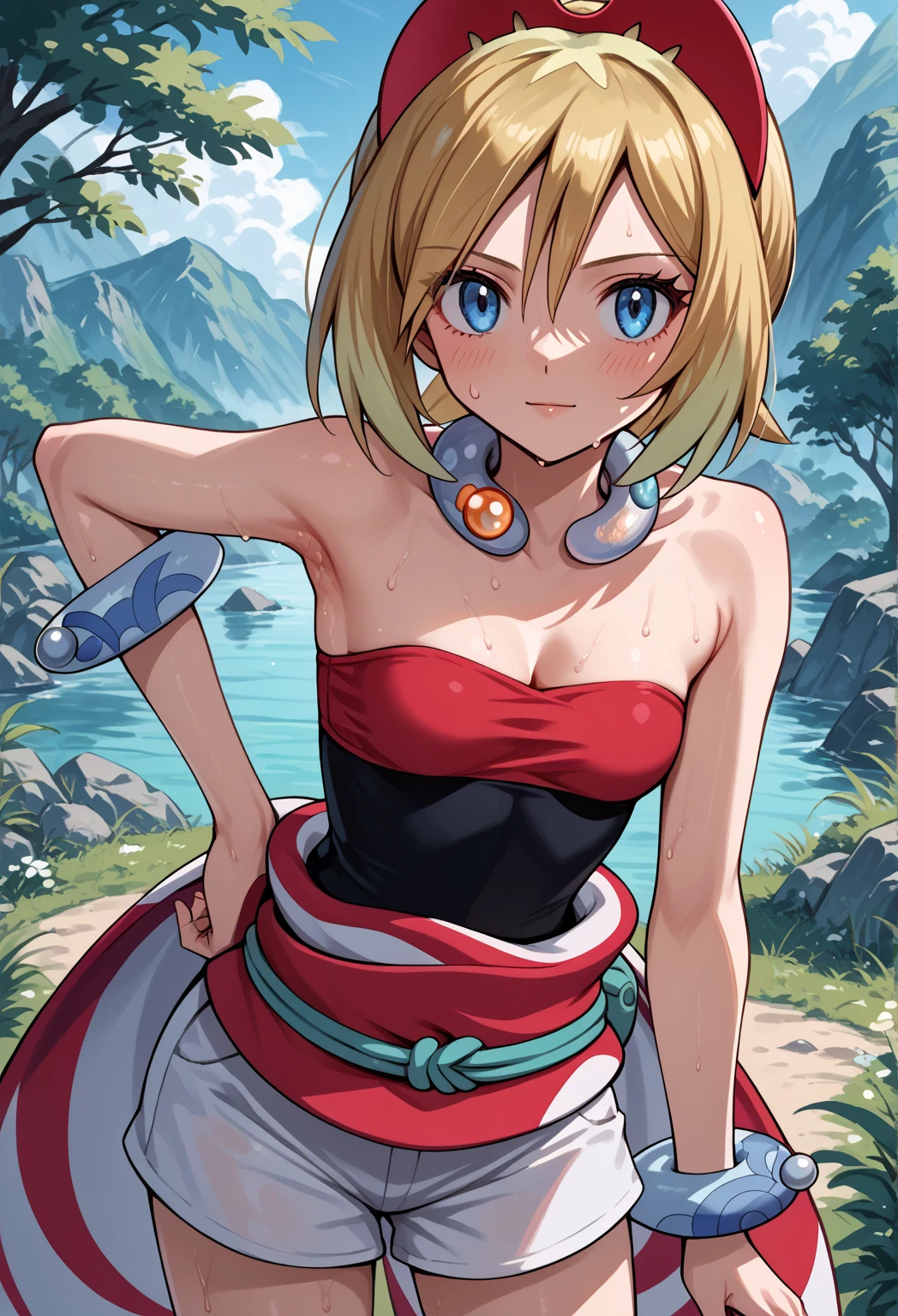 source_anime,
pokemonirida, pokemonirida, blonde hair, blue eyes, hair between eyes, medium hair,
bracelet, hat, jewelry, neck ring, red headwear, red shirt, sash, shirt, shorts, strapless, strapless shirt, waist cape, white shorts,
outdoors, nature,
looking at viewer,  armpits, close up, small breasts,bent over,  sweat, sweating, cleavage

