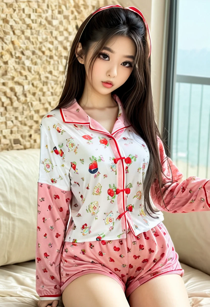 ((best resolution)), realistic, photographic, work of art, (high quality:1.2), 8k, extremely detailed, (high detail:1.2), solo, ((Korean Ulzzang female with 24 years old)), (sexy pajamas, shorts), (beautiful and natural face:1.2),