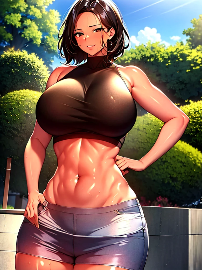 (best quality,4k,8k,highres,masterpiece:1.2), ultra-detailed, UHD, sexy woman, mature woman, milf, dark skin, huge breasts, large breasts, curvy, voluptuous, black hair, brown eyes, tomboy pixie cut hairstyle, navel, deportive tank top, deportive mini shorts, sweating, shiny skin, smile, standing, hands on hips, city park, outdoors, day