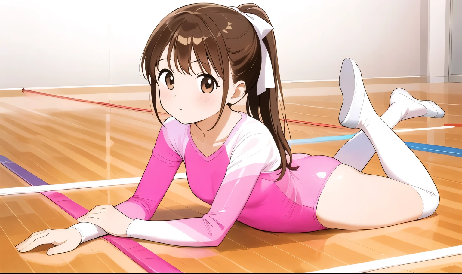 a cartoon girl in pink pants lays on the floor on a wood floor, 1girl, pink leotard, athletic leotard, leotard, solo, brown hair, brown eyes, ponytail, gymnastics, wooden floor, long hair, lying, on stomach, looking at viewer, blush, bangs