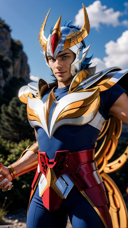 In a masterpiece of the highest quality (best quality:1.2), there is a boy named _Ikki from Saint Seiya, dressed as Phoenix_Ikki. The background is set in Greece, with its distinctive architecture and beautiful landscapes. _Ikki has vibrant blue hair that adds a touch of uniqueness to his appearance. His face is well-defined and exudes a sense of strength and determination. The man's presence dominates the composition, showcasing his powerful character.beautiful androgynous face,silver armor with  helmet,evil face ,evil smile


